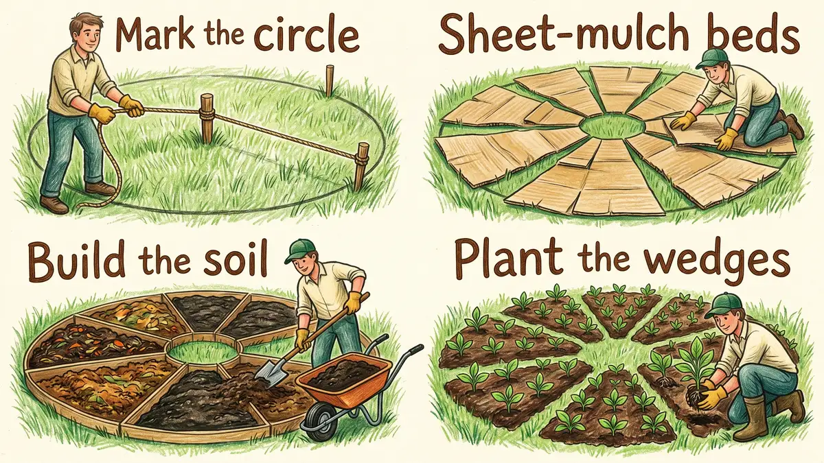 Pencil-crayon infographic showing 4 mandala garden build steps: mark the circle, sheet-mulch beds, build the soil, plant the wedges