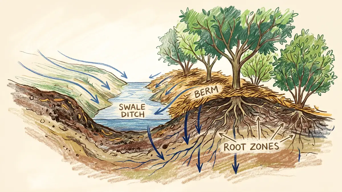 Pencil-crayon cross-section of a permaculture swale showing a shallow ditch on contour with a mulched berm planted with fruit trees, arrows indicating water flow and infiltration into root zones