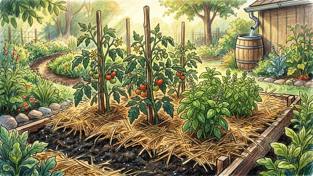 Pencil-crayon close-up of a thickly mulched permaculture garden bed with golden straw covering dark rich soil, tomato and basil plants growing through