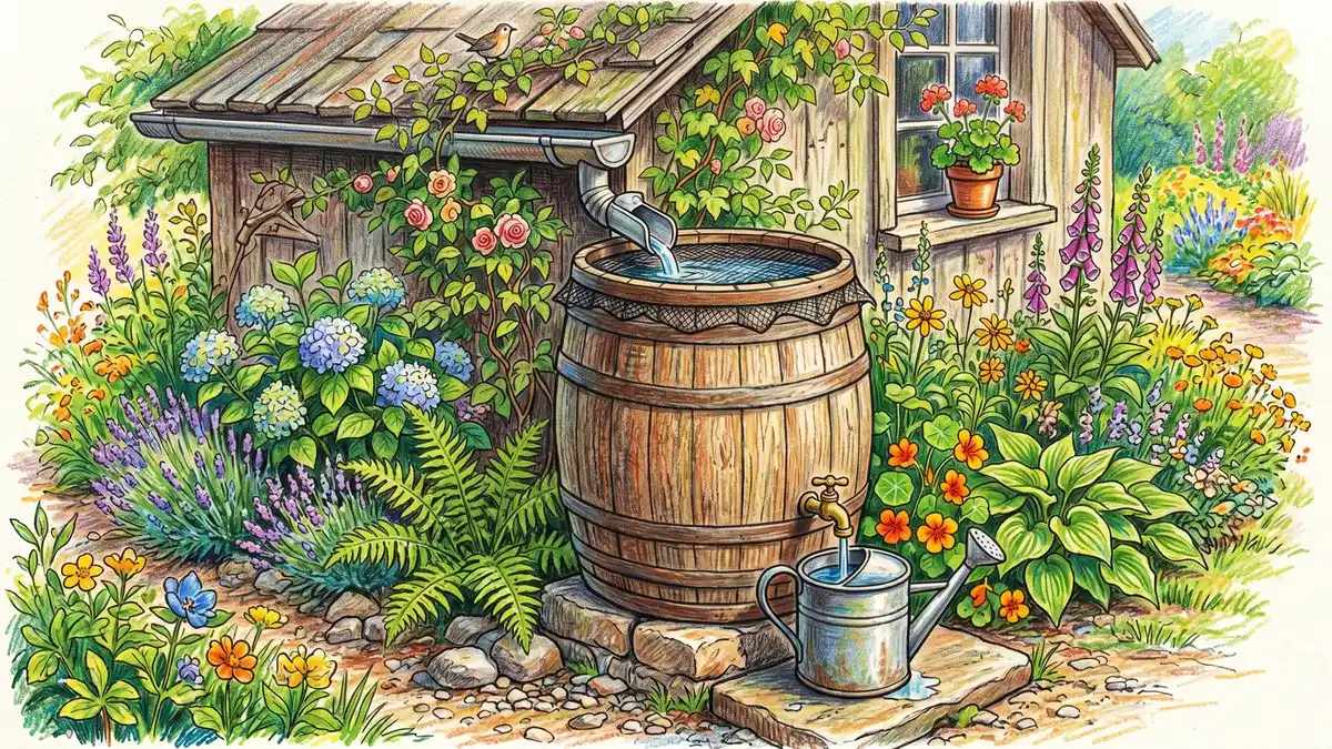 Pencil-crayon close-up of a wooden rain barrel with downspout diverter, mosquito screen, brass spigot and watering can underneath, beside a sloping shed roof