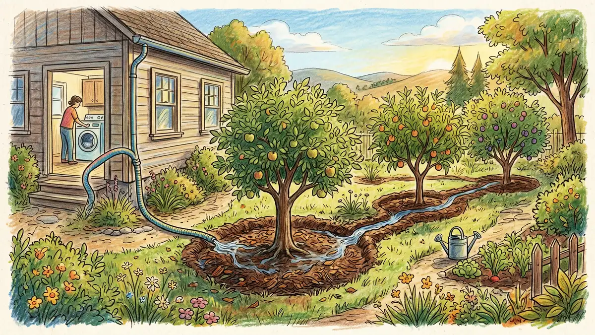 Pencil-crayon illustration of a laundry-to-landscape greywater system: washing machine hose exits through a wall to mulched basins around fruit trees