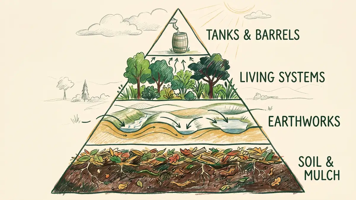 Pencil-crayon infographic showing the permaculture water harvesting hierarchy pyramid: soil and mulch at the base, then earthworks, then living systems, then tanks and barrels at the top