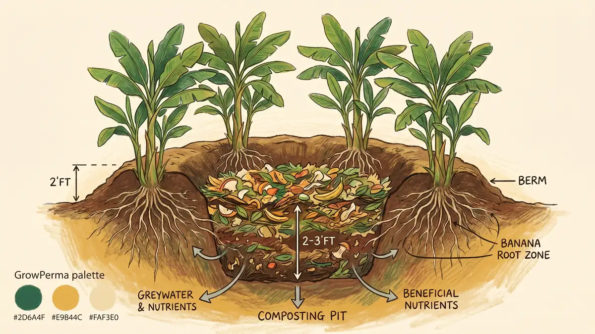 Pencil-crayon cross-section of a banana circle showing central pit filled with kitchen scraps and mulch, raised berm with 4 banana plants, arrows indicating greywater and nutrient flow to root zones