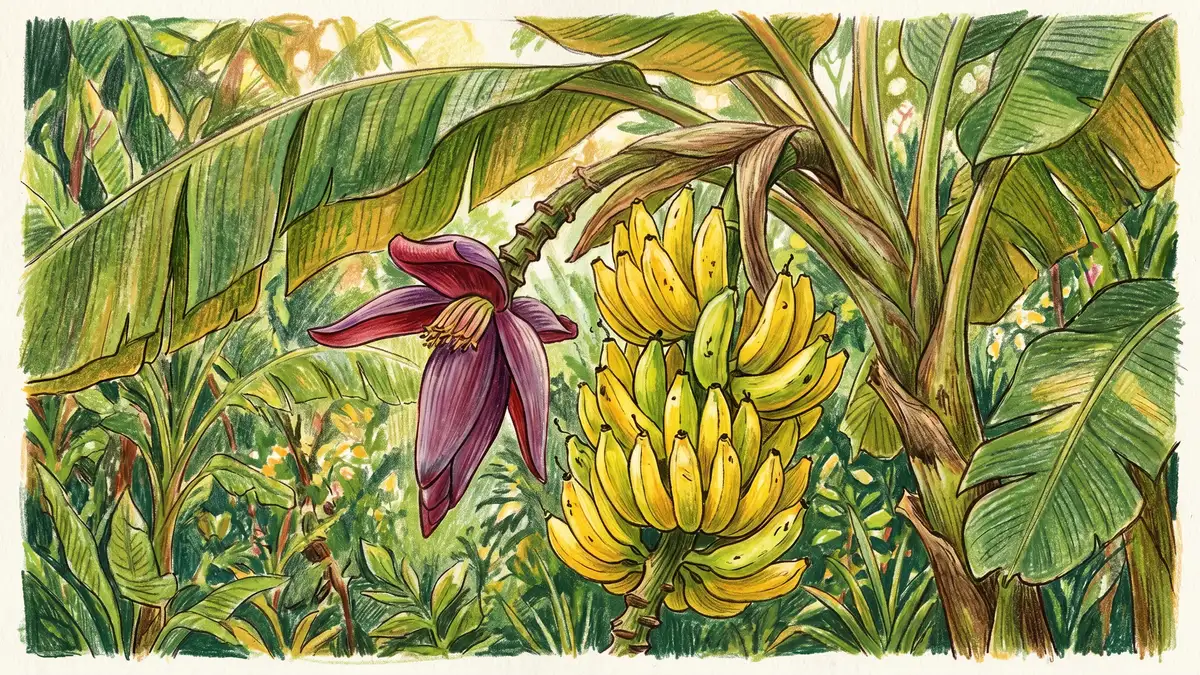Pencil-crayon close-up of a banana fruit cluster with deep purple flower bud hanging from a banana plant with broad tropical leaves