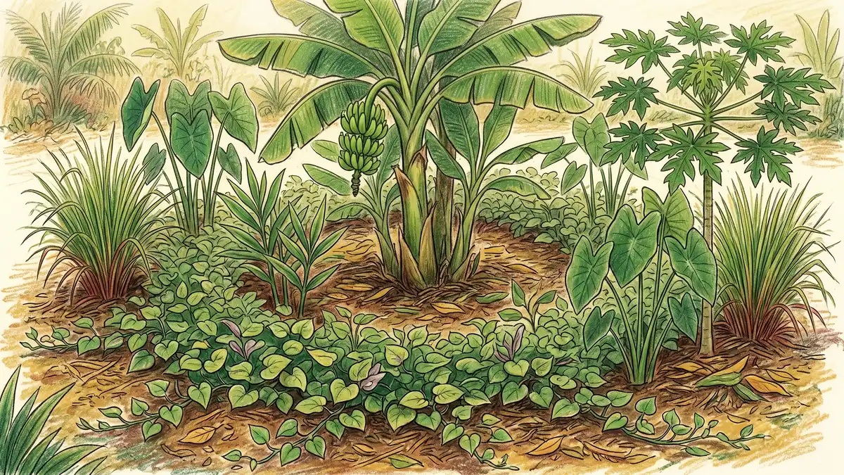 Pencil-crayon illustration of companion plants at the edge of a banana circle: papaya tree, sweet potato vines, ginger, taro, and lemongrass
