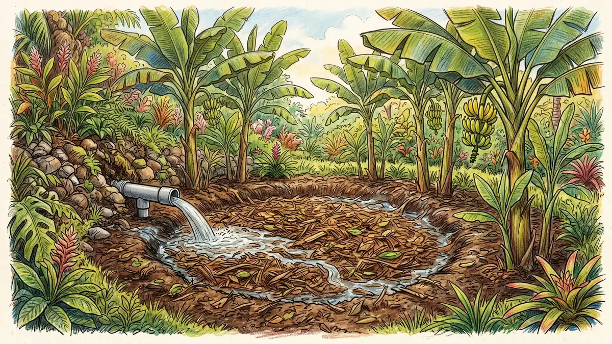 Pencil-crayon illustration of a greywater pipe feeding water into the central mulched pit of a banana circle