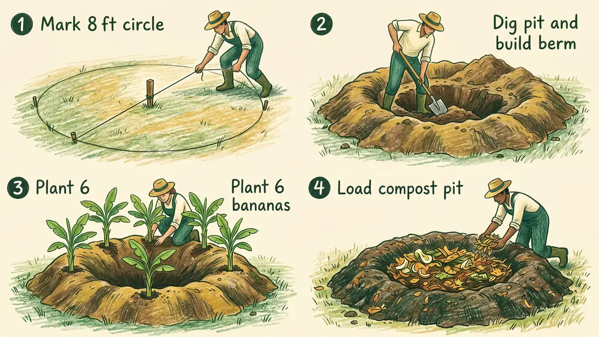 Pencil-crayon infographic with 4 banana circle build steps: mark 8 ft circle, dig pit and build berm, plant 6 bananas, load compost pit