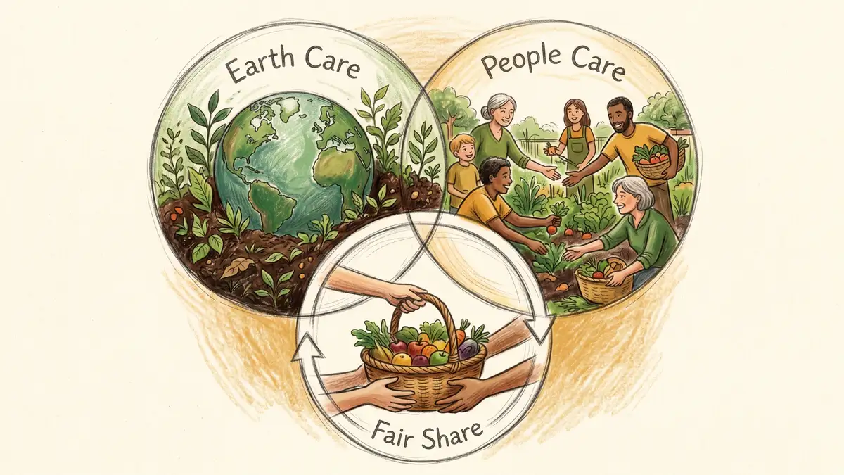 Pencil-crayon illustration of the three permaculture ethics: Earth Care with a healthy globe, People Care with sharing hands, Fair Share with a returning loop