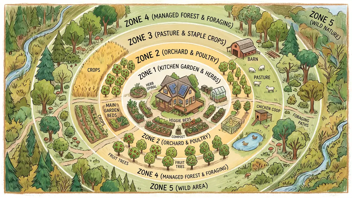 Pencil-crayon top-down diagram of permaculture zones 0 through 5 radiating from a central house, showing kitchen garden, orchard, broadacre, managed forest, and wild zone