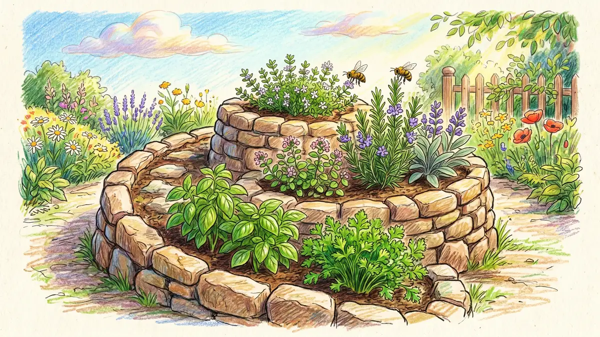 Pencil-crayon illustration of a stone-edged herb spiral with thyme at the top, rosemary, sage, oregano on the sides, basil and parsley at the moist base