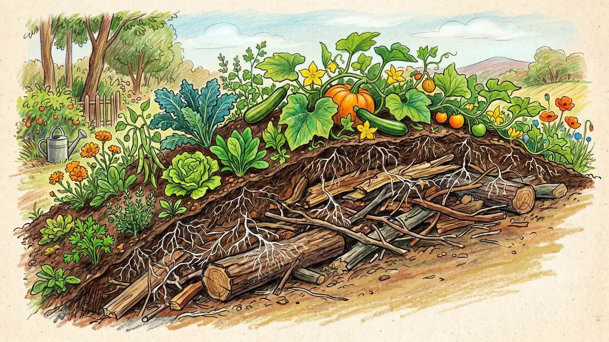 Pencil-crayon close-up cross-section of a hugelkultur bed with logs and branches at the base covered with soil and compost, leafy vegetables and squash growing on top