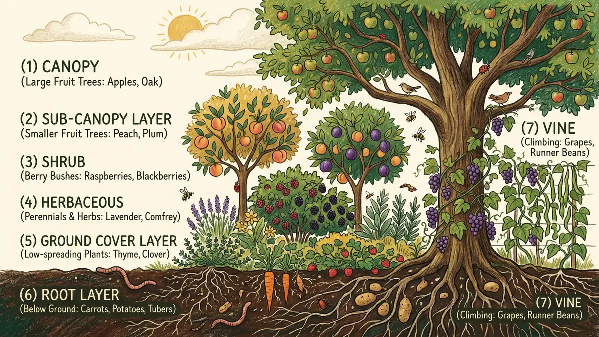 Pencil-crayon infographic of 7 food forest layers in cross-section: canopy, sub-canopy, shrub, herbaceous, ground cover, root, and vine layer