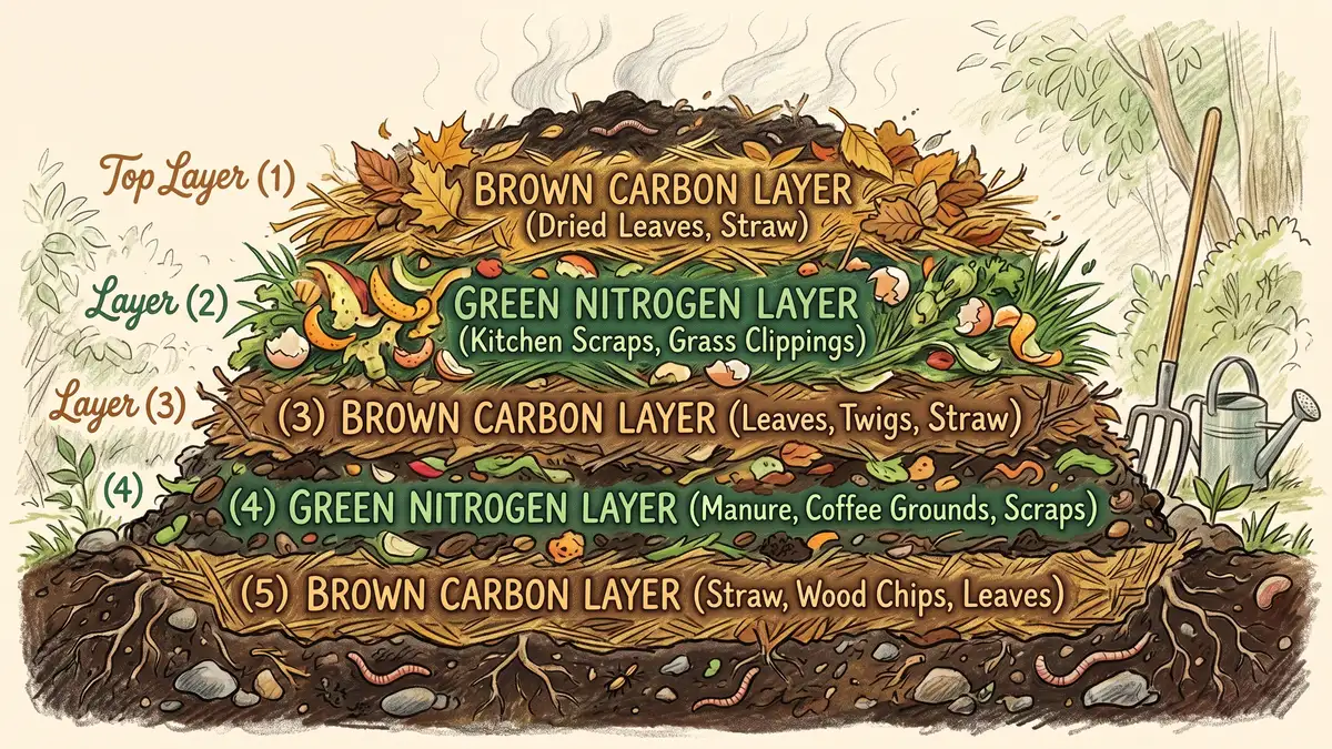 Pencil-crayon cross-section of a compost pile with alternating brown carbon layers of dried leaves and straw and green nitrogen layers of kitchen scraps grass clippings and manure