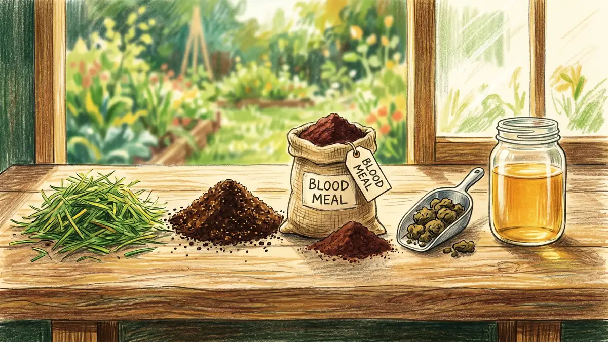 Pencil-crayon illustration of 5 nitrogen-rich compost activators on a workbench: fresh green grass clippings, dark coffee grounds, blood meal, chicken manure, and jar of liquid urine