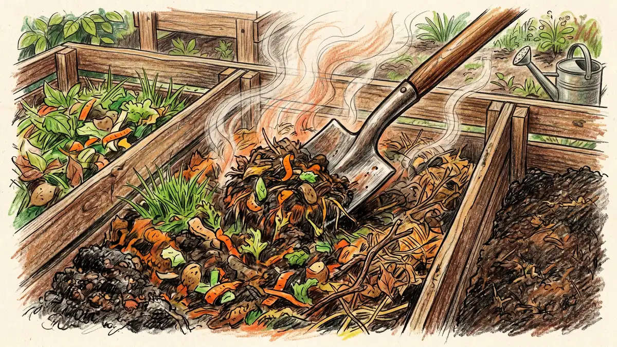 Pencil-crayon close-up of a shovel turning hot steaming compost in a wooden 3-bin compost system