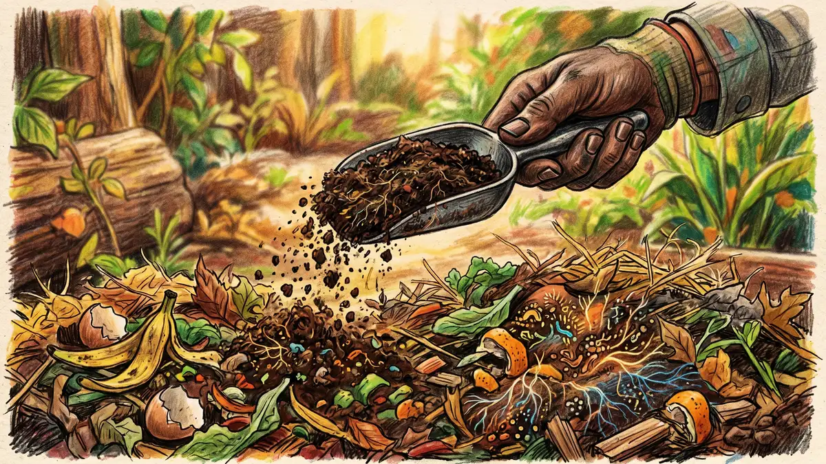 Pencil-crayon close-up of a hand sprinkling finished dark compost onto a fresh compost pile, with microbes and mycelium suggested visually