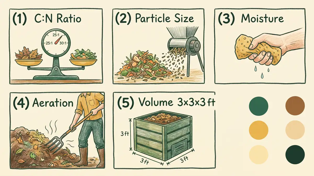 Pencil-crayon infographic of 5 factors that speed up compost: C:N ratio 25:1 to 30:1, particle size, moisture wrung-out sponge, aeration, volume 3x3x3 ft