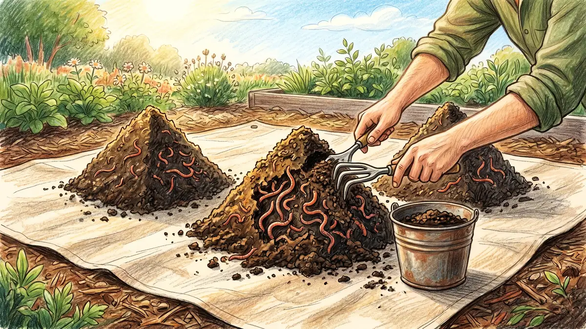 Pencil-crayon illustration of the light migration worm harvest method showing 3 small pyramid piles of bedding on a tarp under sunlight, with worms burrowing to the centers and gardener hands scraping dark castings off the outer surfaces