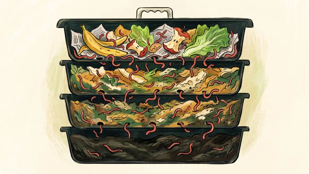 Pencil-crayon top-down cross-section of a stacked tray worm composter with 4 trays: fresh food and bedding at the top, partially-finished compost in middle trays, pure dark worm castings in the bottom tray, and worms migrating upward through holes
