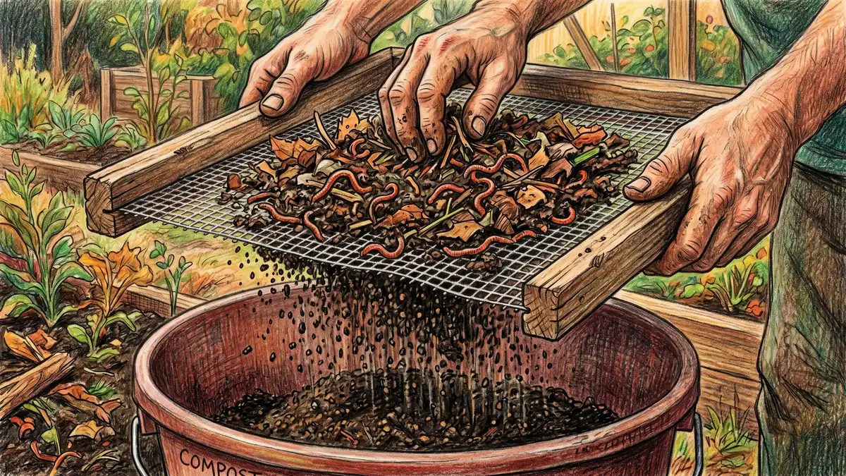 Pencil-crayon close-up of a wooden frame with quarter-inch hardware-cloth mesh, gardener hands shaking worm compost over it, with fine dark castings falling through to a bucket below