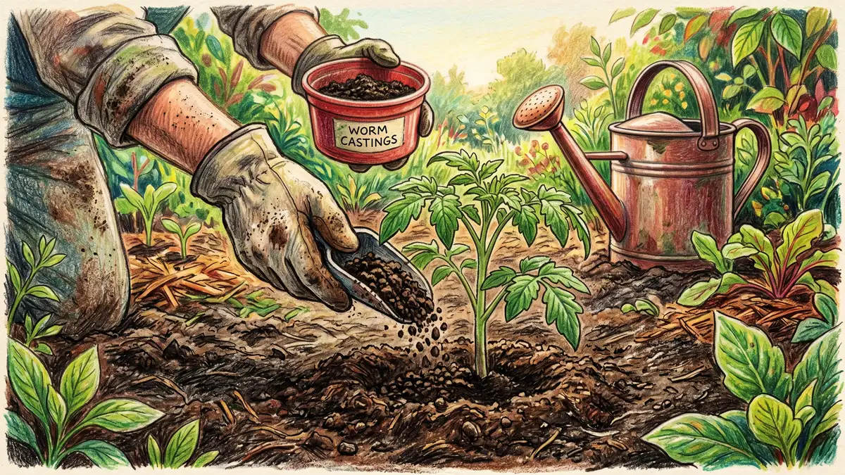 Pencil-crayon close-up of a gardener sprinkling finished dark worm castings around a young tomato seedling in rich garden soil with a watering can in the background