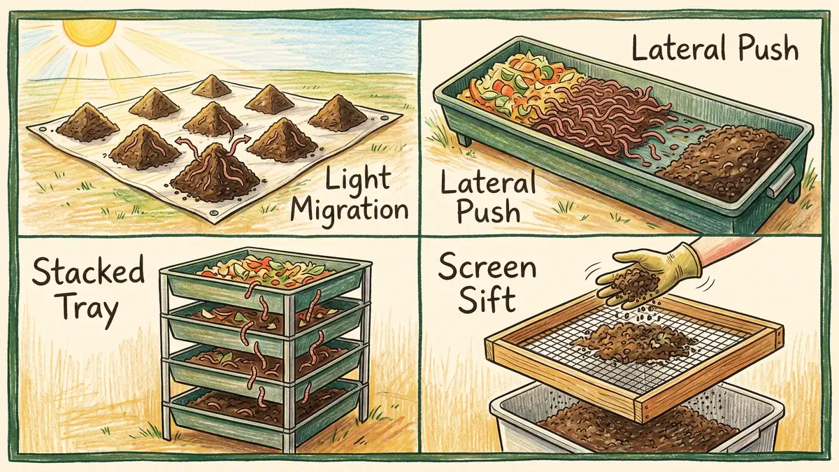 Pencil-crayon infographic showing 4 worm casting harvest methods in a 2x2 grid: light migration with pyramid piles, lateral push with food on one side, stacked tray composter, and screen sift with hardware-cloth mesh