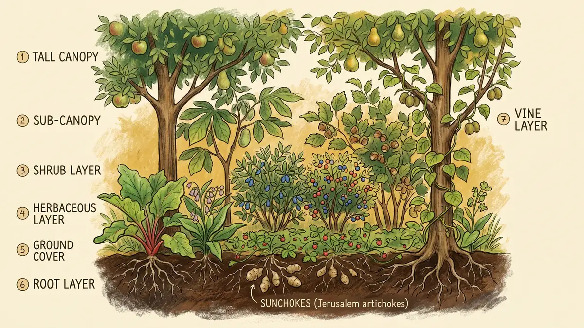 Pencil-crayon cross-section of a cold-climate food forest showing 7 layers labelled in summer growth: canopy apple and pear, sub-canopy pawpaw and hazelnut, shrub haskap and serviceberry, herbaceous rhubarb and comfrey, ground cover wild strawberry, root sunchokes, vine hardy kiwi
