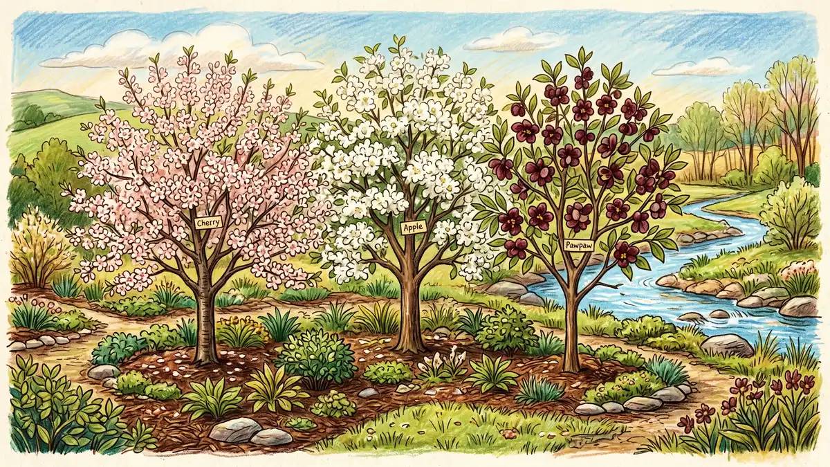 Pencil-crayon illustration of three cold-hardy fruit trees in full spring bloom: apple with white blossoms, sour cherry with pink-white flowers, and pawpaw with maroon flowers