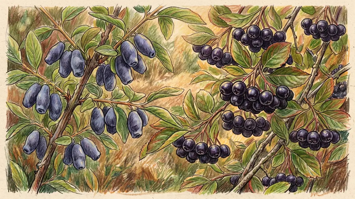 Pencil-crayon close-up of haskap honeyberry and aronia chokeberry shrubs loaded with dark purple berries