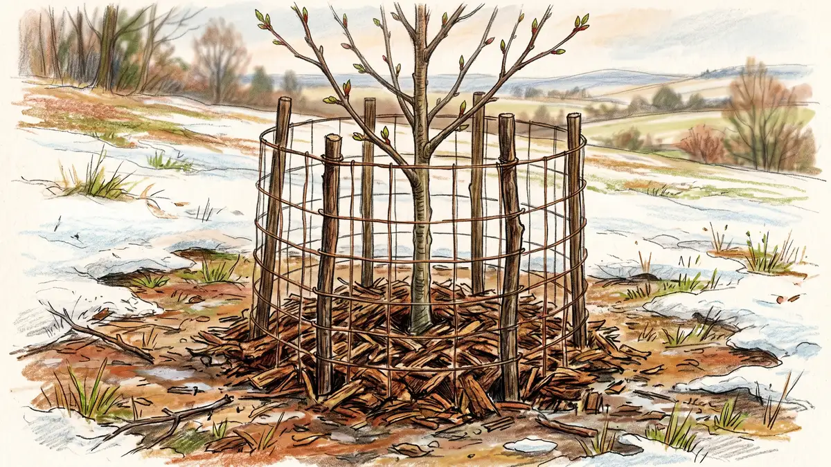 Pencil-crayon close-up of a young apple tree with mulch around the trunk and a wire deer-guard cage protecting it, snow melting in early spring
