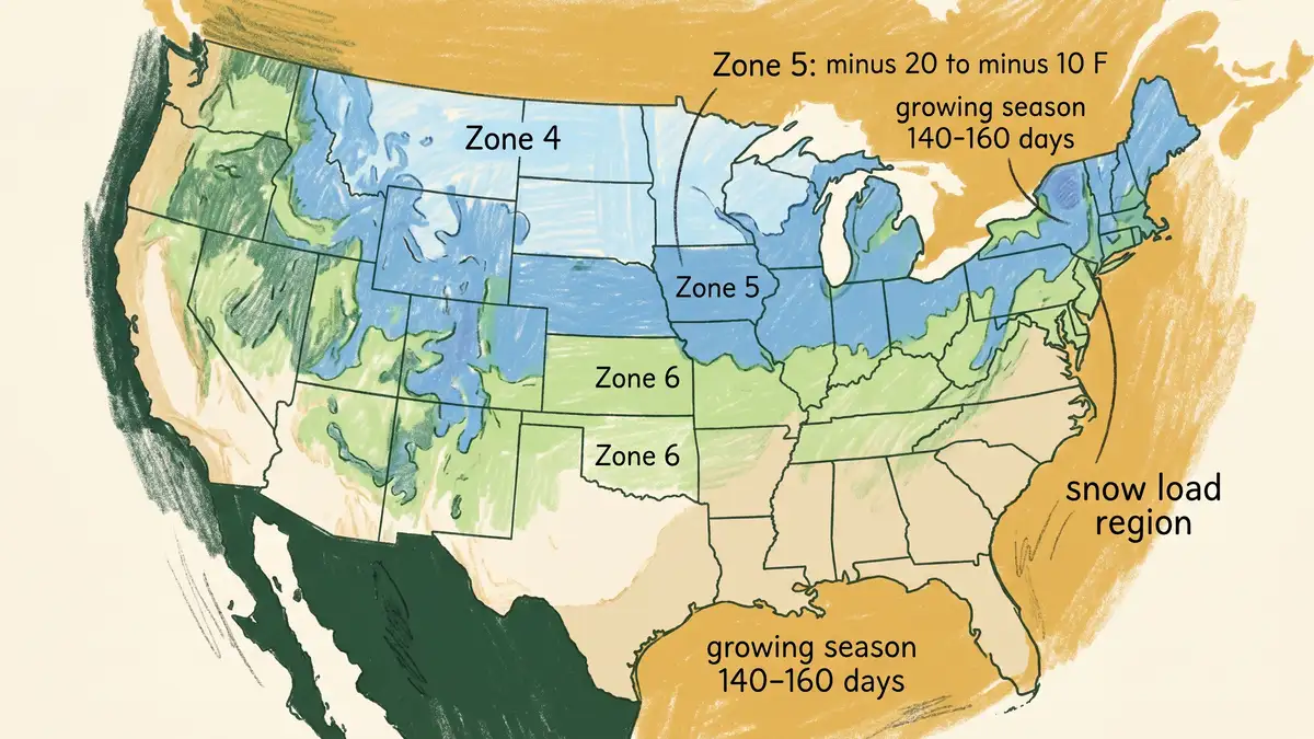 Pencil-crayon infographic of a USDA Hardiness Zone map of the United States with Zone 5 regions highlighted across northern Midwest, New England, and Mountain West