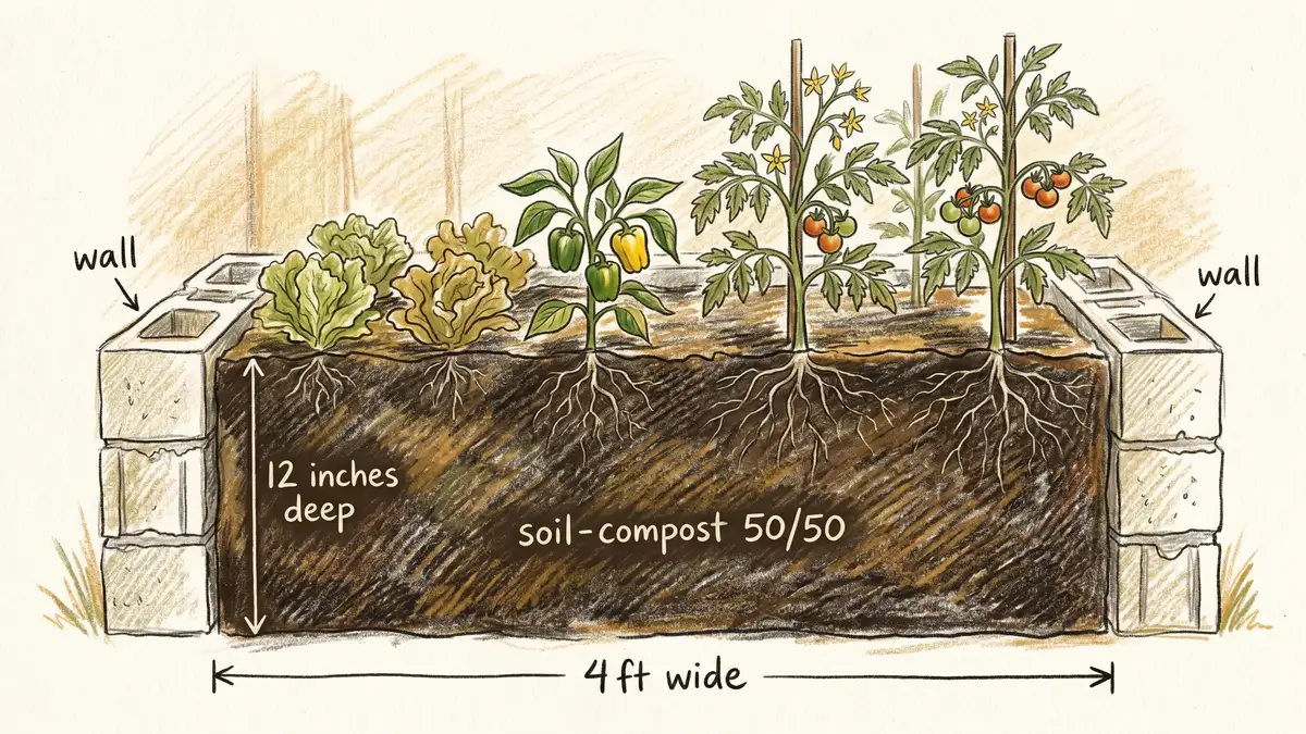Pencil-crayon cross-section of a classic Cuban organoponico raised bed: 4 ft wide and 12 inches deep, walled with cinder blocks, filled with 50/50 soil and compost, planted with lettuce and peppers