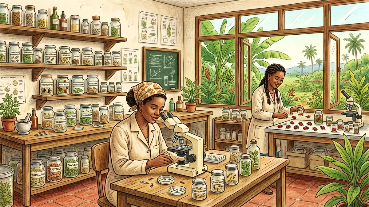 Pencil-crayon illustration of a Cuban biological pest control center (CREE) with shelves of beneficial insect jars, microscopes, and workers preparing trichogramma wasps and ladybug colonies