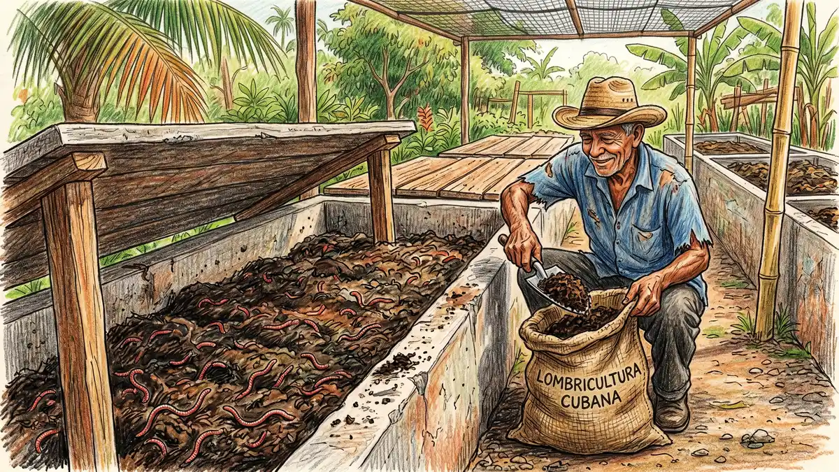 Pencil-crayon close-up of a Cuban worm composting operation with long concrete bins of vermicompost, red wiggler worms, and finished compost being bagged