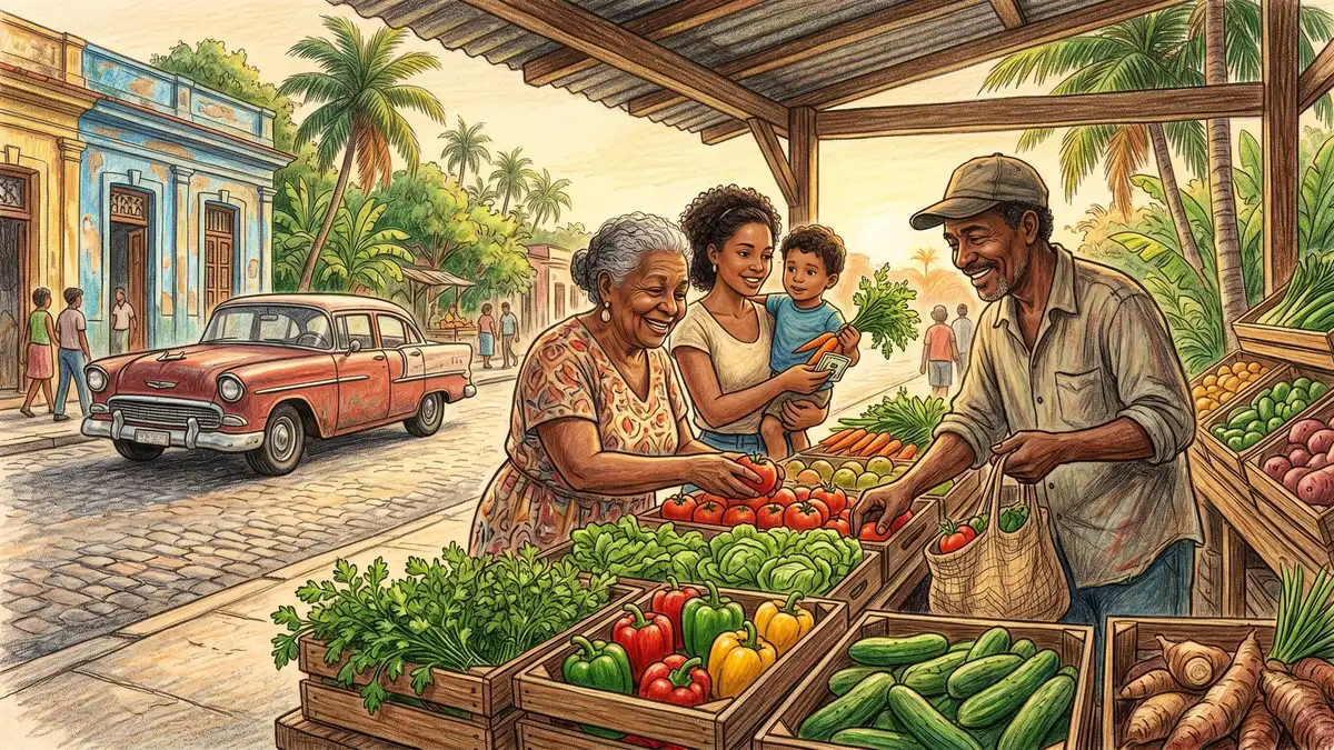 Pencil-crayon close-up of a Havana family buying fresh vegetables at an organoponico farm stand with crates of lettuce, tomatoes, peppers, and herbs