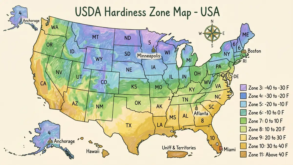 Pencil-crayon USDA Hardiness Zone map of the United States with zones 3 through 11 in graduated colors and major cities labeled including Anchorage, Minneapolis, Boston, Atlanta, and Miami