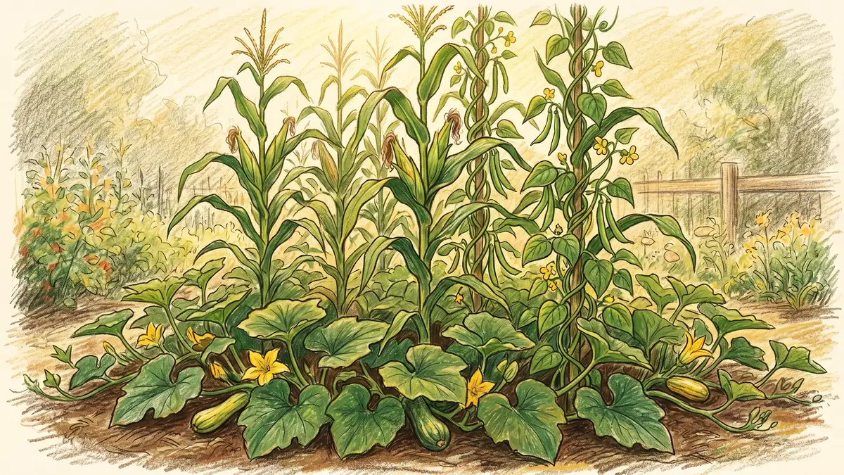 Pencil-crayon illustration of a Three Sisters companion planting with tall corn stalks, climbing beans, and spreading squash leaves underneath