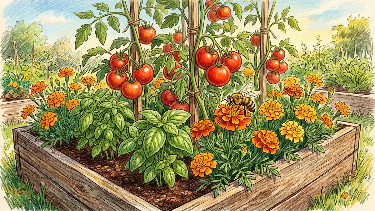 Pencil-crayon close-up of tomato plus basil plus marigold companion planting with ripe red tomatoes, bushy green basil, and orange marigold flowers
