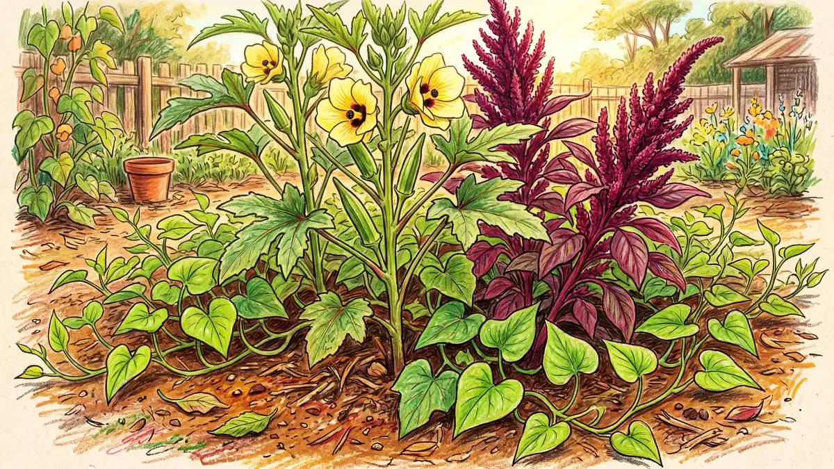 Pencil-crayon close-up of hot-climate companion planting with okra plants, amaranth seed heads, and sweet potato vines on the ground