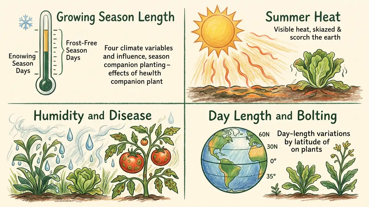 Pencil-crayon infographic of the 4 climate variables that change companion planting: frost-free season length, summer heat, humidity and disease, and day length and bolting