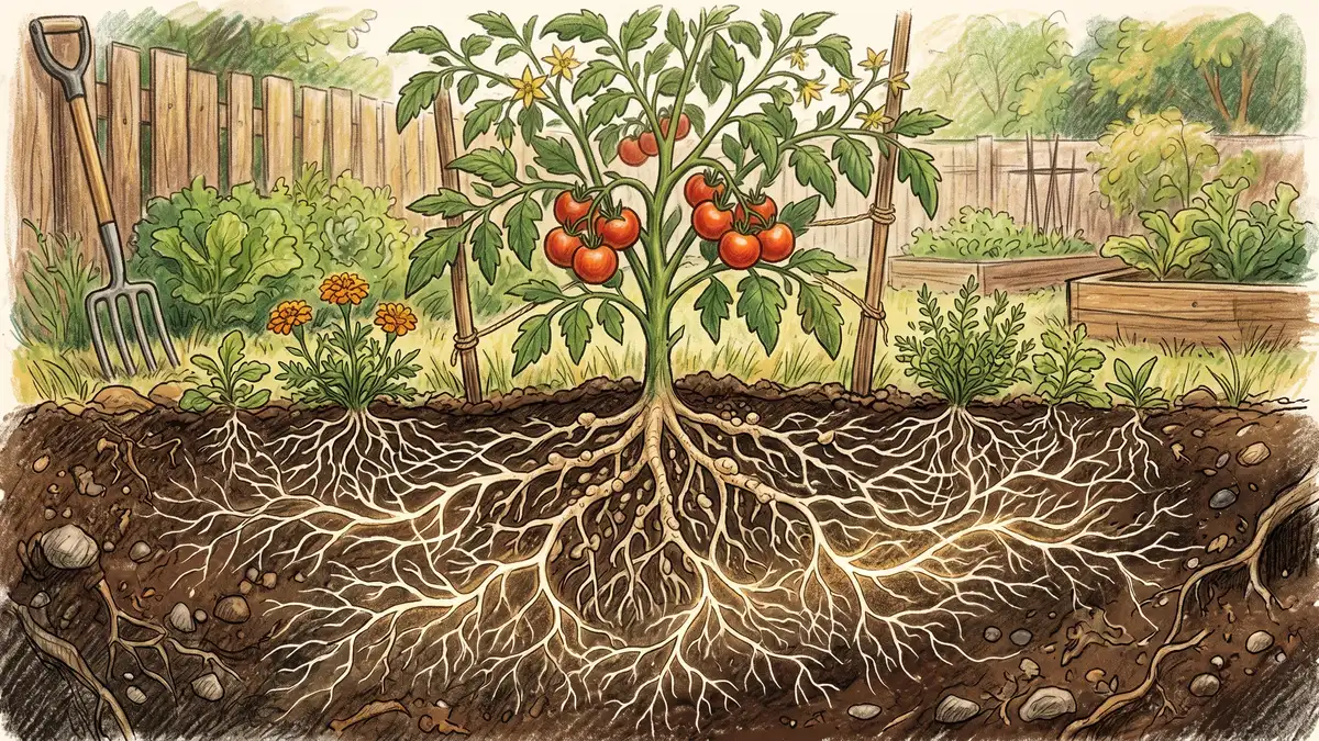 Pencil-crayon illustration of mycorrhizal fungi connecting a tomato plant's roots to surrounding soil with white fungal threads extending far beyond the root tips
