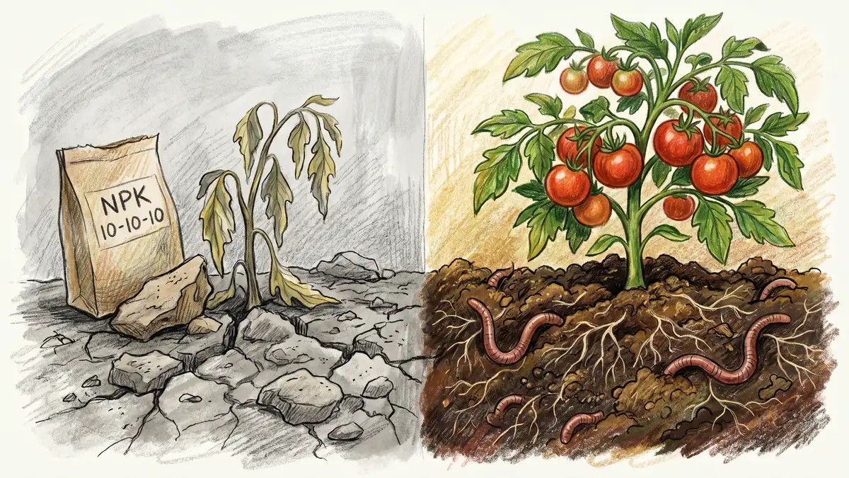 Pencil-crayon side-by-side comparison: left shows barren grey soil with a bag of NPK 10-10-10 fertilizer and a wilting plant; right shows rich dark soil with worms and fungal threads and a thriving tomato