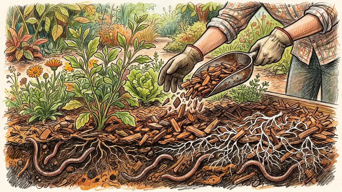 Pencil-crayon close-up of a gardener spreading wood-chip mulch around plants in a no-dig bed with visible earthworms and fungal threads
