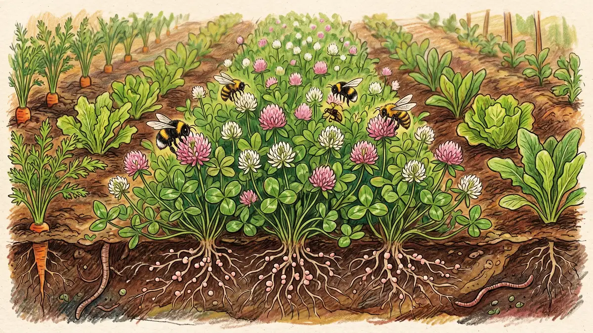 Pencil-crayon close-up of a clover cover crop with bees on pink and white flowers, with underground view showing root nodules where Rhizobium bacteria fix nitrogen