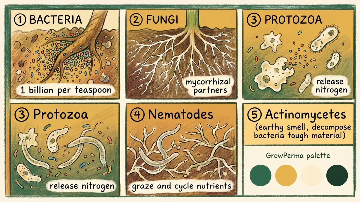 Pencil-crayon infographic showing the 5 major groups of soil microbes: bacteria, fungi, protozoa, nematodes, and actinomycetes with their roles