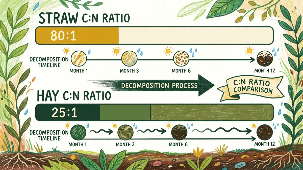 Infographic comparing straw C:N ratio of 80:1 with hay C:N ratio of 25:1 and decomposition timelines over 12 months in earth green and mustard tones