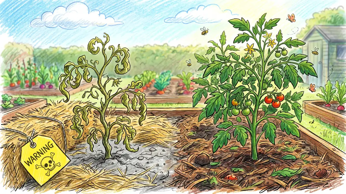 A tomato plant with twisted curled fern-like leaves from aminopyralid herbicide contamination on the left next to a healthy normal tomato plant on the right