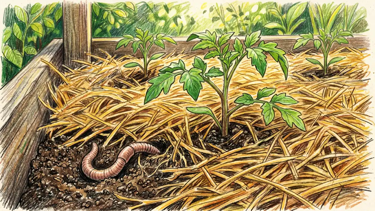 Close-up of golden wheat straw mulch covering soil around healthy tomato seedlings in a raised bed garden with a worm visible at the soil edge