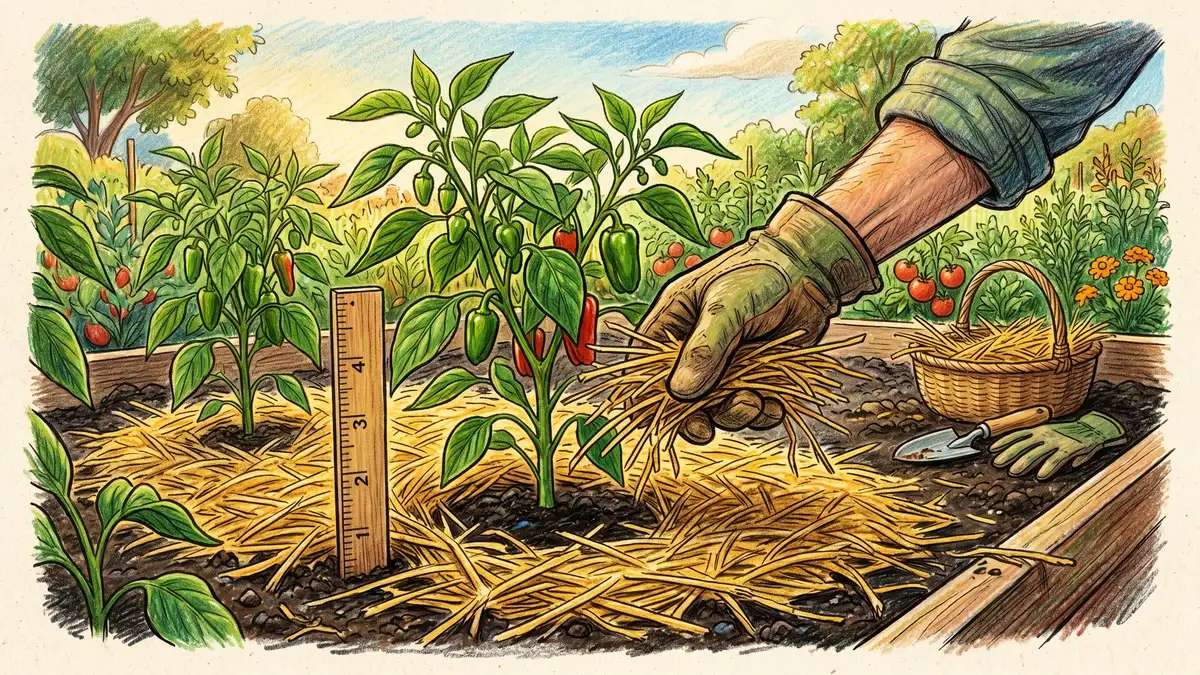 Gardener's hand spreading a 3 inch layer of golden straw mulch around the base of pepper plants in a raised vegetable garden bed