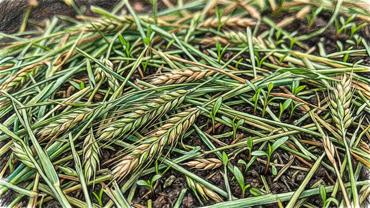 Close-up of hay mulch showing grass seed heads with young grass seedlings sprouting through the mulch layer